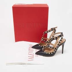 Pre Owned Valentino Black Grained Leather Rockstud Ankle Strap Pumps Size 34