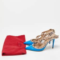 Pre Owned Valentino Blue/Pink Leather Rockstud Ankle Strap Pumps Size 40