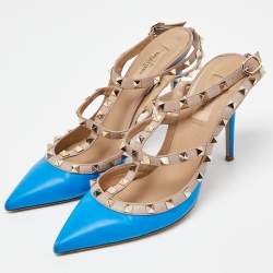 Pre Owned Valentino Blue/Pink Leather Rockstud Ankle Strap Pumps Size 40