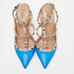 Pre Owned Valentino Blue/Pink Leather Rockstud Ankle Strap Pumps Size 40