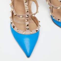 Pre Owned Valentino Blue/Pink Leather Rockstud Ankle Strap Pumps Size 40