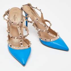 Pre Owned Valentino Blue/Pink Leather Rockstud Ankle Strap Pumps Size 40