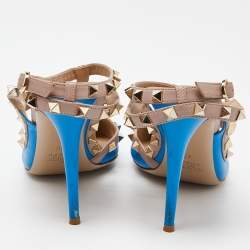 Pre Owned Valentino Blue/Pink Leather Rockstud Ankle Strap Pumps Size 40