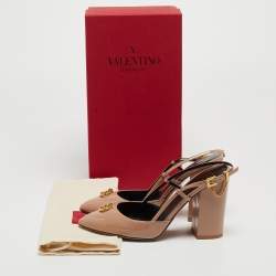Pre Owned Valentino Beige Patent Leather Stud Slingback Pumps Size 37