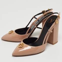 Pre Owned Valentino Beige Patent Leather Stud Slingback Pumps Size 37