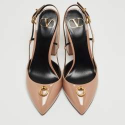 Pre Owned Valentino Beige Patent Leather Stud Slingback Pumps Size 37