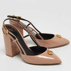 Pre Owned Valentino Beige Patent Leather Stud Slingback Pumps Size 37