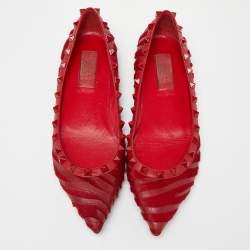 Pre Owned Valentino Red Calfhair and Leather Studded Ballet Flats Size 37