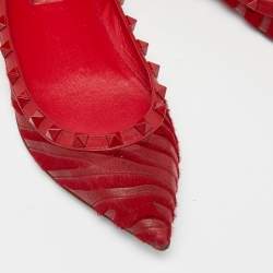 Pre Owned Valentino Red Calfhair and Leather Studded Ballet Flats Size 37