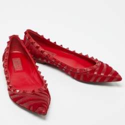 Pre Owned Valentino Red Calfhair and Leather Studded Ballet Flats Size 37