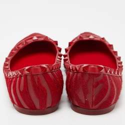 Pre Owned Valentino Red Calfhair and Leather Studded Ballet Flats Size 37