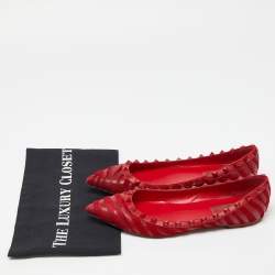 Pre Owned Valentino Red Calfhair and Leather Studded Ballet Flats Size 37