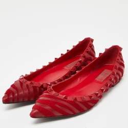 Pre Owned Valentino Red Calfhair and Leather Studded Ballet Flats Size 37