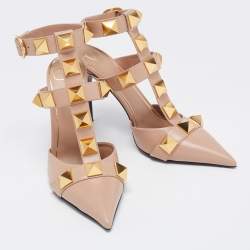 Pre Owned Valentino Beige Leather Roman Stud Ankle Cuff Pointed Toe Pumps Size 39