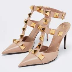 Pre Owned Valentino Beige Leather Roman Stud Ankle Cuff Pointed Toe Pumps Size 39