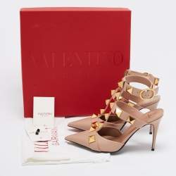 Pre Owned Valentino Beige Leather Roman Stud Ankle Cuff Pointed Toe Pumps Size 39