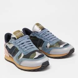 Pre Owned Valentino Multicolor Camo Print Canvas and Leather Rockrunner Sneakers Size 39