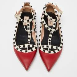 Pre Owned Valentino Red/Off White Leather Rockstud T Strap Ballet Flats Size 41