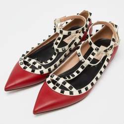 Pre Owned Valentino Red/Off White Leather Rockstud T Strap Ballet Flats Size 41