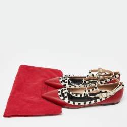 Pre Owned Valentino Red/Off White Leather Rockstud T Strap Ballet Flats Size 41