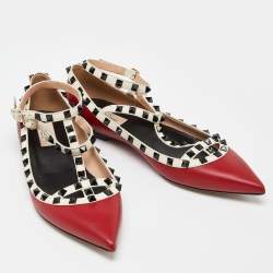 Pre Owned Valentino Red/Off White Leather Rockstud T Strap Ballet Flats Size 41