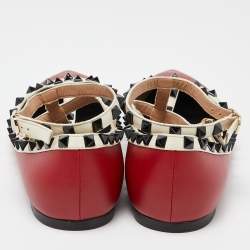 Pre Owned Valentino Red/Off White Leather Rockstud T Strap Ballet Flats Size 41