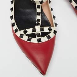 Pre Owned Valentino Red/Off White Leather Rockstud T Strap Ballet Flats Size 41