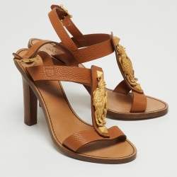 Pre Owned Valentino Brown Leather T-strap Slingback Sandals Size 38