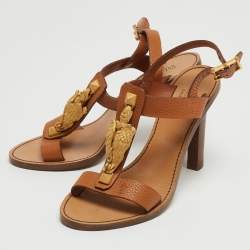 Pre Owned Valentino Brown Leather T-strap Slingback Sandals Size 38