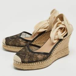 Pre Owned Valentino Black Lace and Mesh Wedge Pumps Size 39 