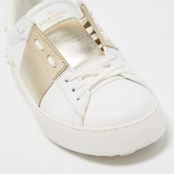 Pre Owned Valentino White/Gold Leather Open Sneakers Size 36.5