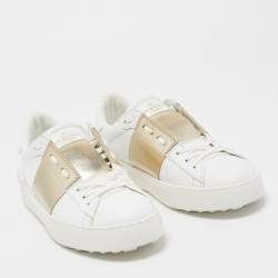 Pre Owned Valentino White/Gold Leather Open Sneakers Size 36.5