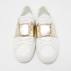 Pre Owned Valentino White/Gold Leather Open Sneakers Size 36.5