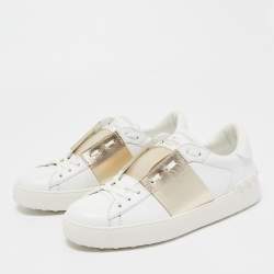 Pre Owned Valentino White/Gold Leather Open Sneakers Size 36.5