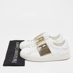 Pre Owned Valentino White/Gold Leather Open Sneakers Size 36.5