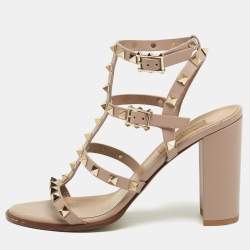 Pre Owned Valentino Beige Leather Rockstud  Strappy Sandals Size 38