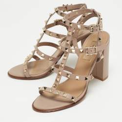 Pre Owned Valentino Beige Leather Rockstud  Strappy Sandals Size 38