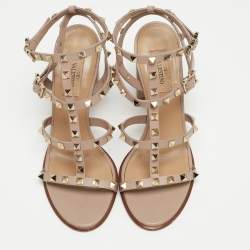 Pre Owned Valentino Beige Leather Rockstud  Strappy Sandals Size 38