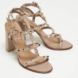 Pre Owned Valentino Beige Leather Rockstud  Strappy Sandals Size 38