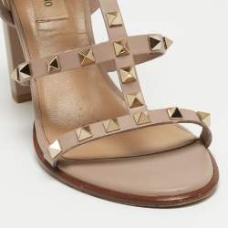 Pre Owned Valentino Beige Leather Rockstud  Strappy Sandals Size 38