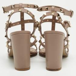 Pre Owned Valentino Beige Leather Rockstud  Strappy Sandals Size 38