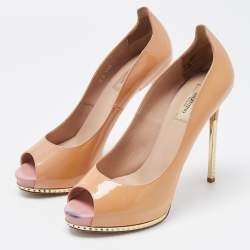 Pre Owned Valentino Beige Patent Leather Studded Peep Toe Pumps Size 39.5