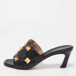 Pre Owned Valentino Black Leather Roman Stud Open Toe Slide Sandals Size 39.5