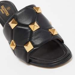 Pre Owned Valentino Black Leather Roman Stud Open Toe Slide Sandals Size 39.5