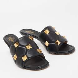 Pre Owned Valentino Black Leather Roman Stud Open Toe Slide Sandals Size 39.5