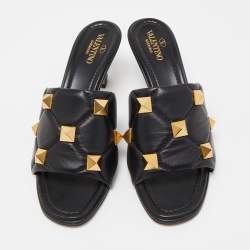 Pre Owned Valentino Black Leather Roman Stud Open Toe Slide Sandals Size 39.5