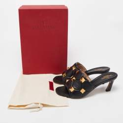Pre Owned Valentino Black Leather Roman Stud Open Toe Slide Sandals Size 39.5
