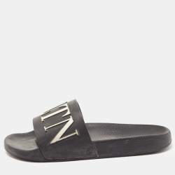 Pre Owned Valentino Black Rubber VLTN Pool Slide Flat Size 40