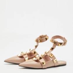 Pre Owned Valentino Beige Leather Roman Stud Mules Size 37.5