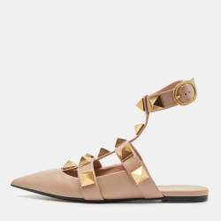 Pre Owned Valentino Beige Leather Roman Stud Mules Size 37.5